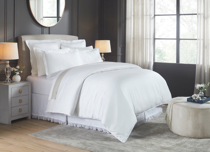DT-045-9092_2|Crisp white luxury cotton duvet cover in an elegant modern bedroom setting, offering serene comfort and sophisticated style.
