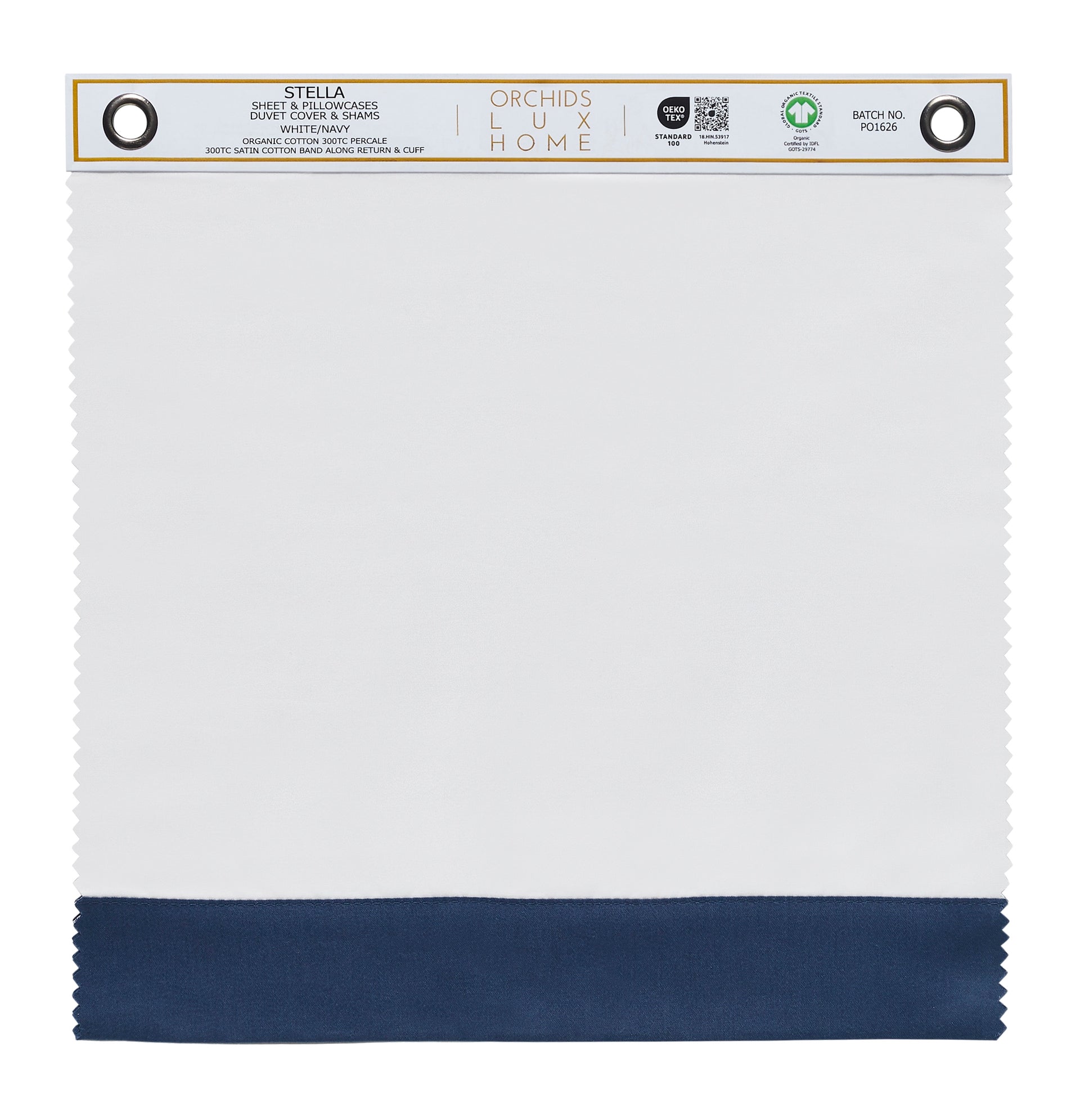 SWT-540-X_1|Organic cotton percale Stella sheet swatch, 300TC, white/navy, with satin cotton band, GOTS certified premium bedding.