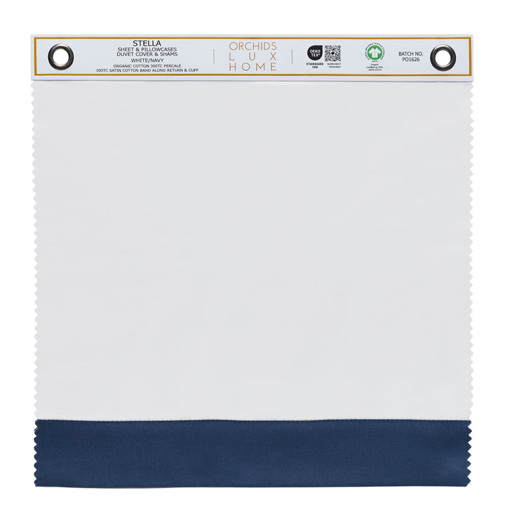SWT-540-X_1|Organic cotton percale Stella sheet swatch, 300TC, white/navy, with satin cotton band, GOTS certified premium bedding.