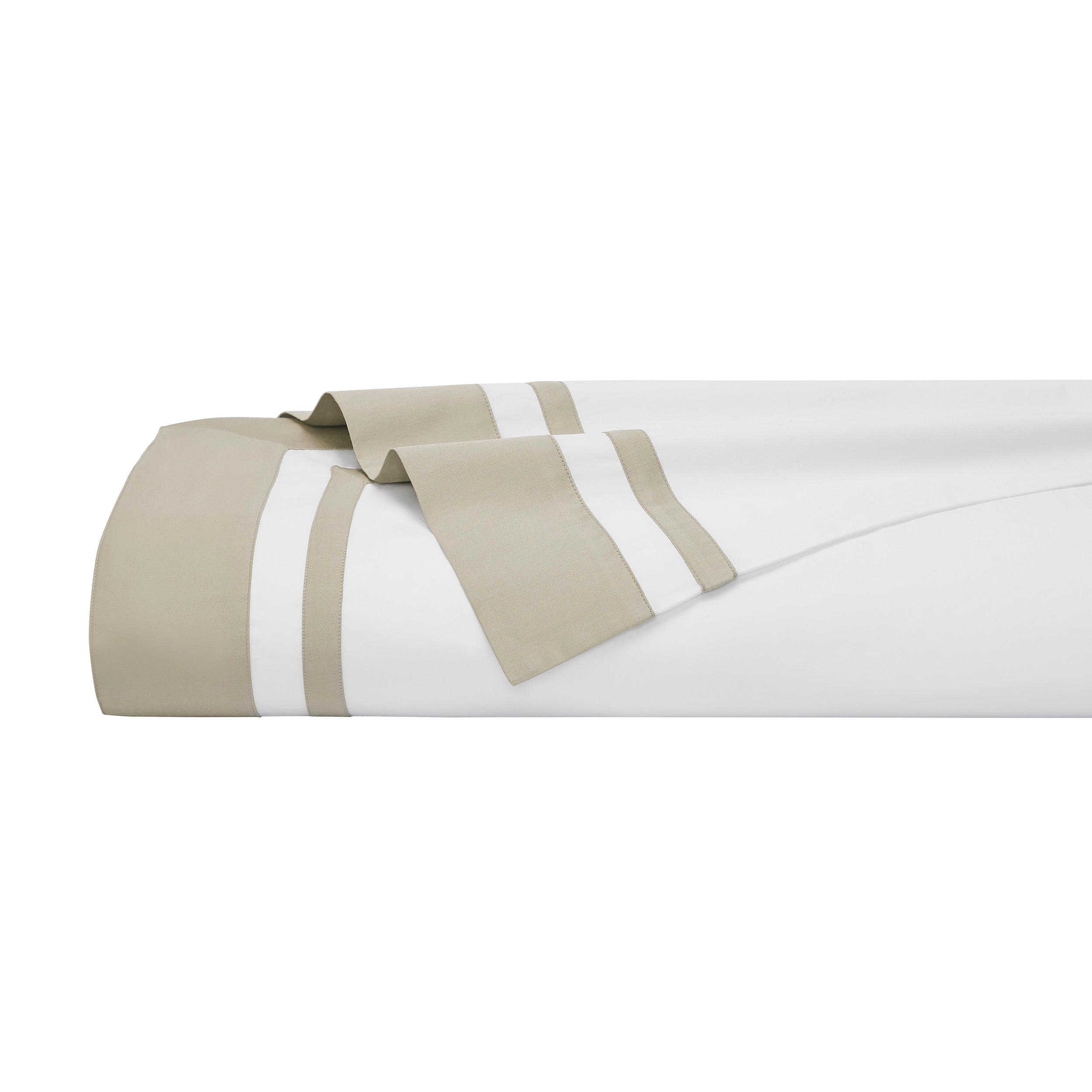 QFL-543-6080_5|Crisp, folded 100% cotton sheet featuring elegant white and beige striped trim. High-quality, soft, and breathable bed linen.