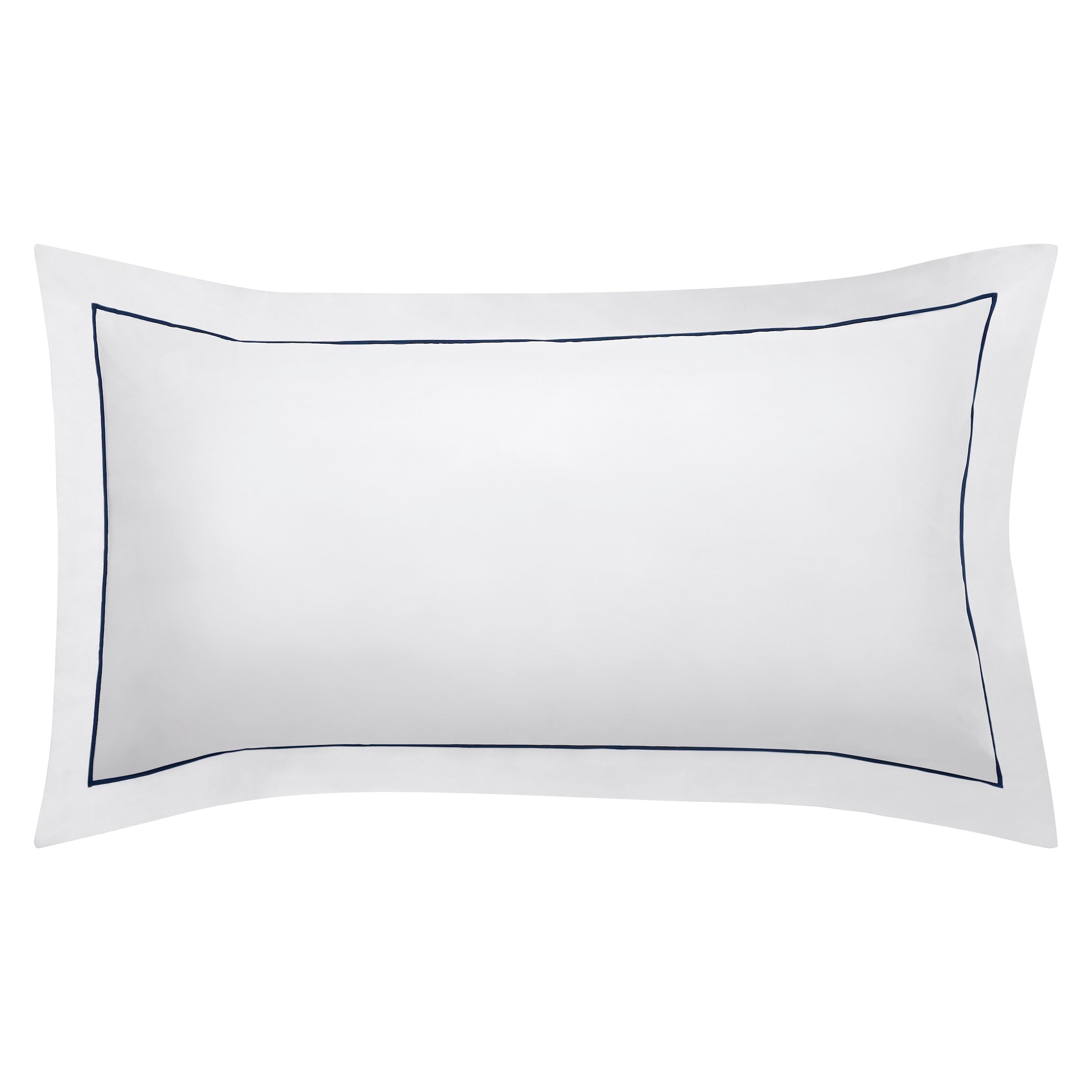 KS-070-2036_1|Elegant white luxury duvet cover featuring a thin navy blue piped border, part of a sophisticated premium bedding set.