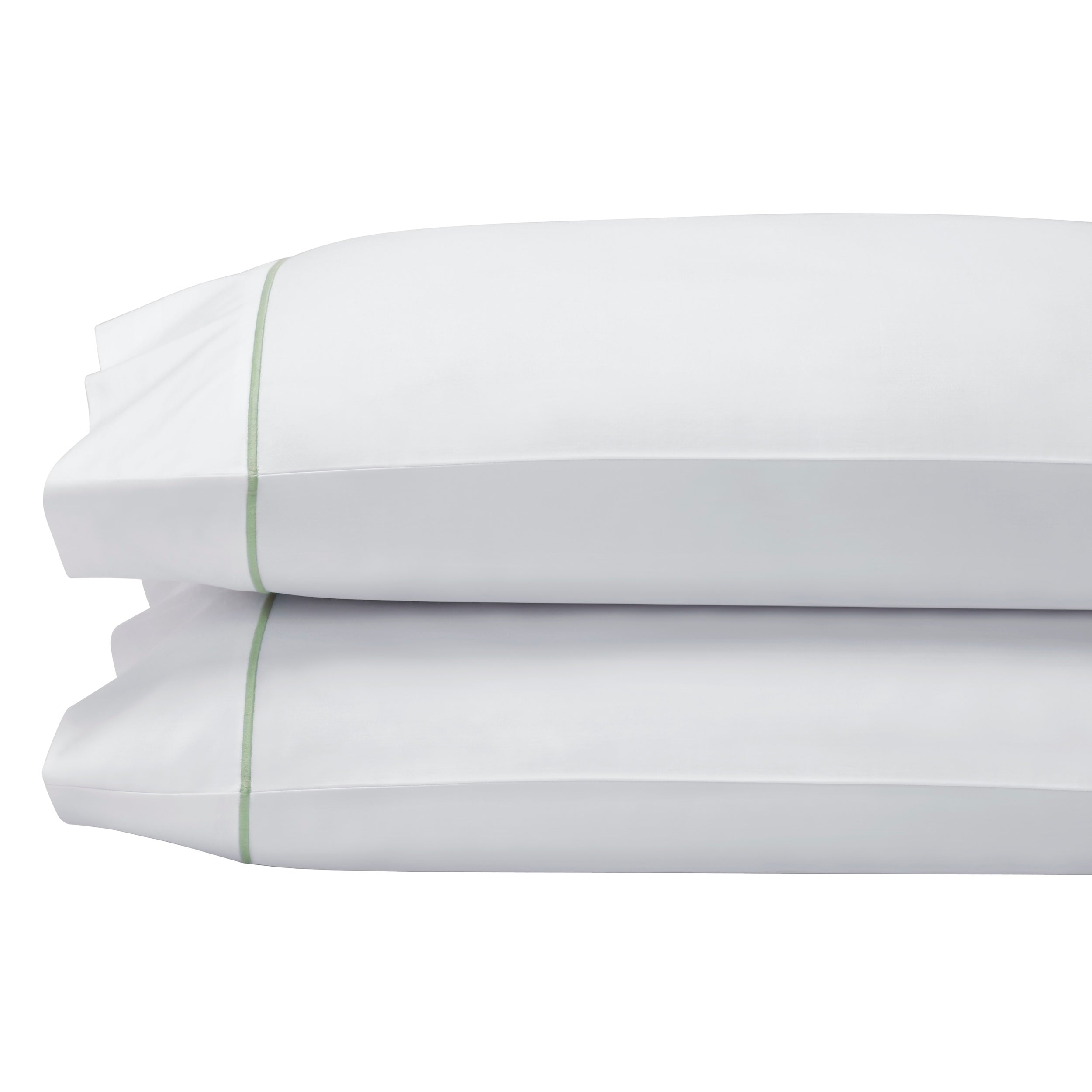 AKP-532-2040_2|Stacked soft white 100% cotton pillowcases with elegant light green stripes, perfect for luxurious and comfortable bedding.