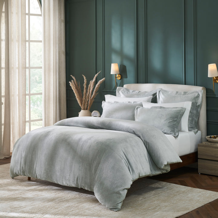 DT-054-10692_2|Stylish light green velvet textured duvet cover and pillow shams on a bed in a spacious, sunlit modern bedroom.