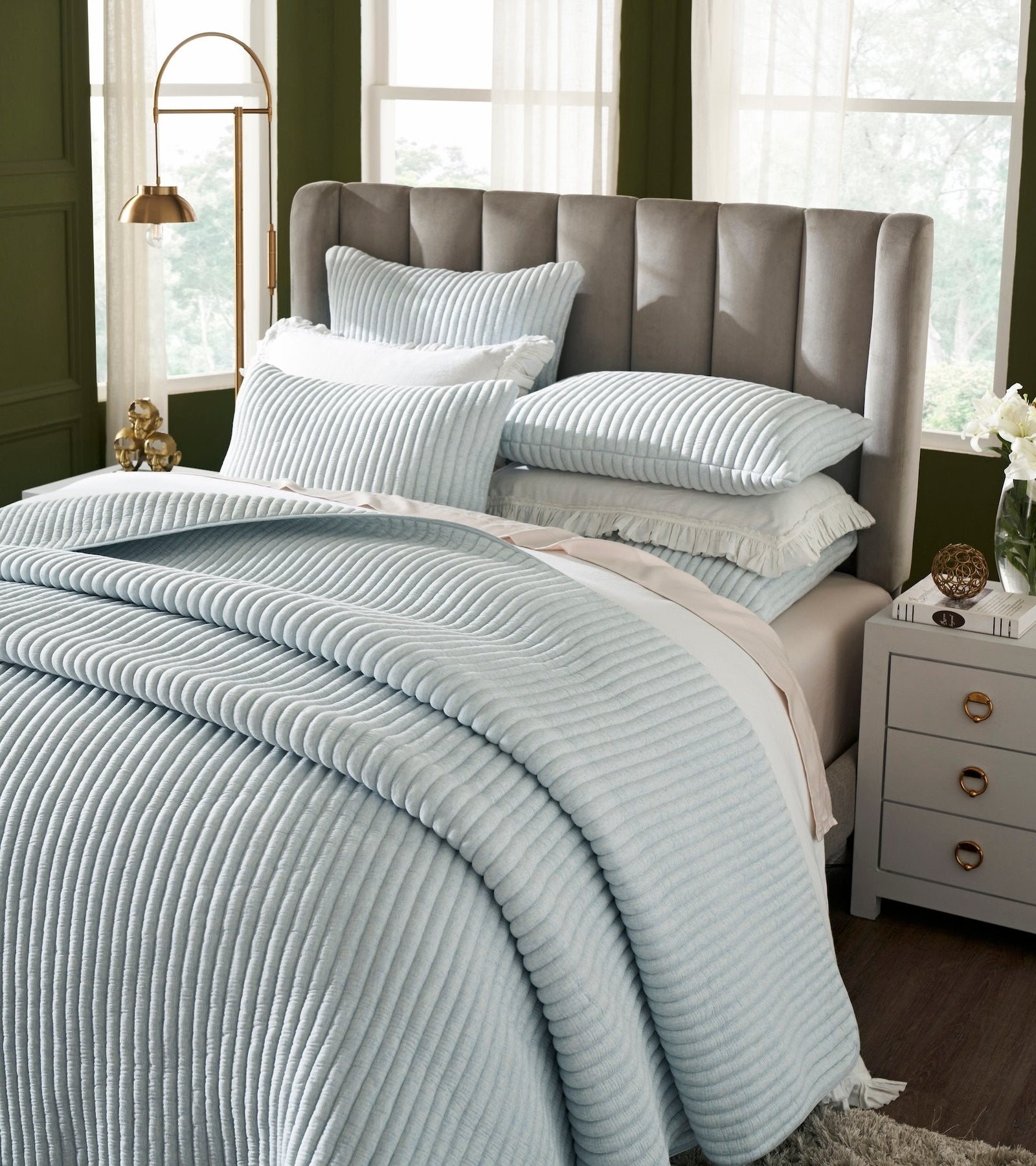 QT-369-11096_3|Light blue ribbed quilt and matching shams create a cozy, modern bedroom retreat with textural elegance. Soft comfort.