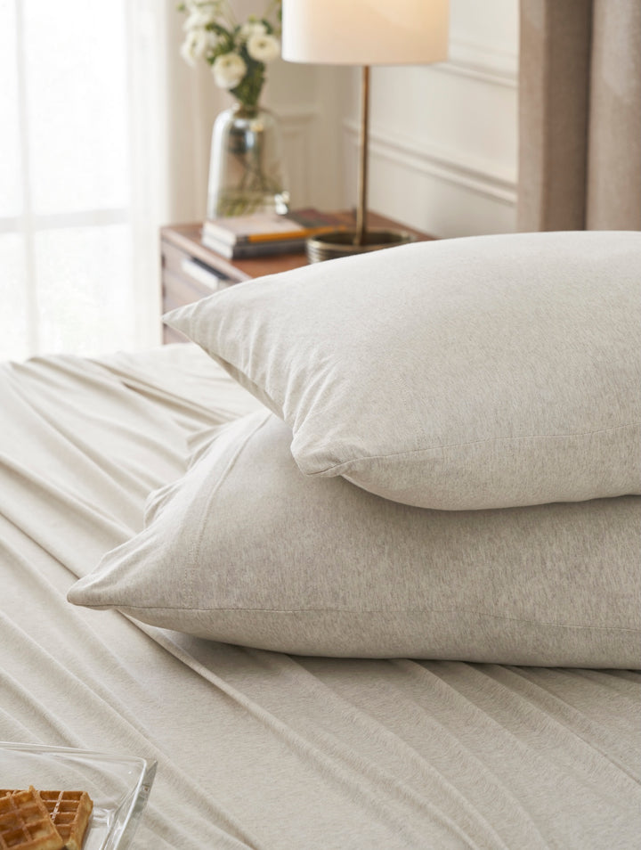 CSS-527-7284_4|Soft light beige melange 100% cotton sheet set with plush pillowcases, luxurious cozy bedding for a serene bedroom.