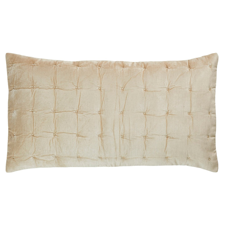 KS-314-2036-PO1299_1|Tan quilted velvet lumbar pillow with elegant tufted button details, perfect for cozy bedroom decor.