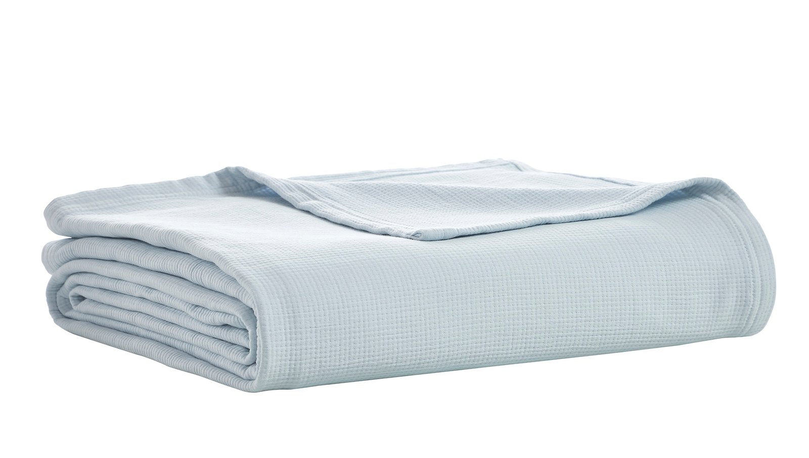BL-859-9496_6|Folded light blue waffle weave cotton blanket. Soft, breathable bed throw for cozy comfort. Perfect for layering.