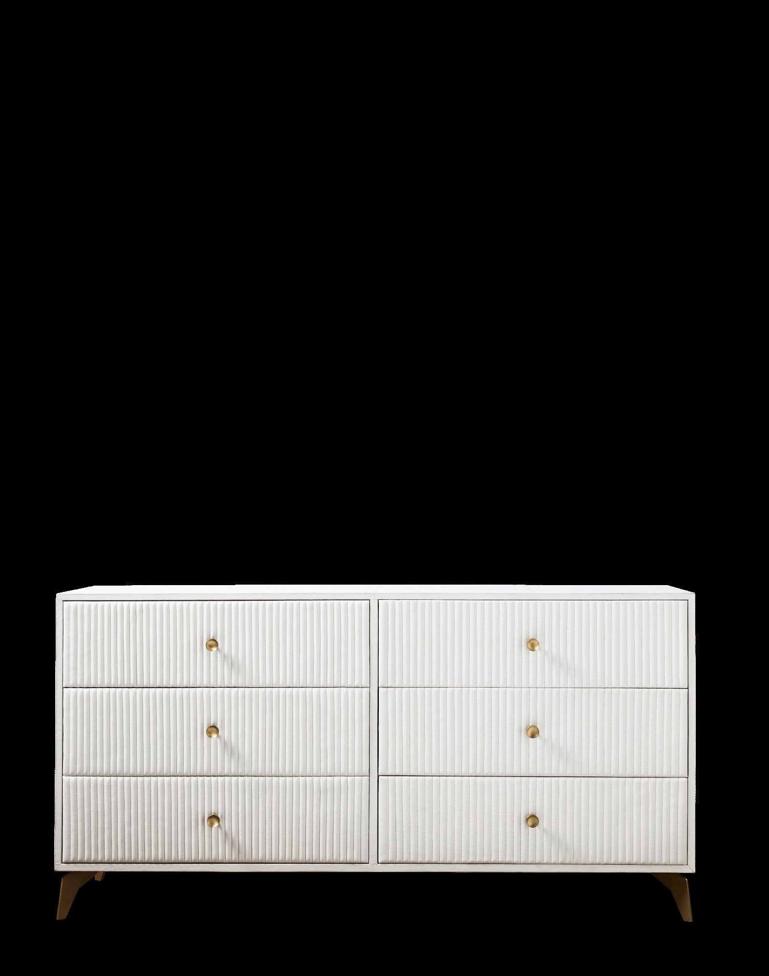 FN-5203-642033_7|Modern white six-drawer dresser featuring exquisite vertical channel textures, golden knobs, and tapered leg accents.
