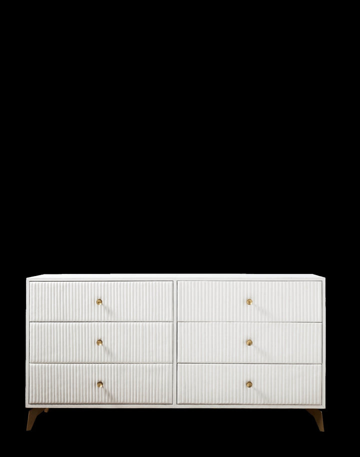 FN-5203-642033_7|Modern white six-drawer dresser featuring exquisite vertical channel textures, golden knobs, and tapered leg accents.