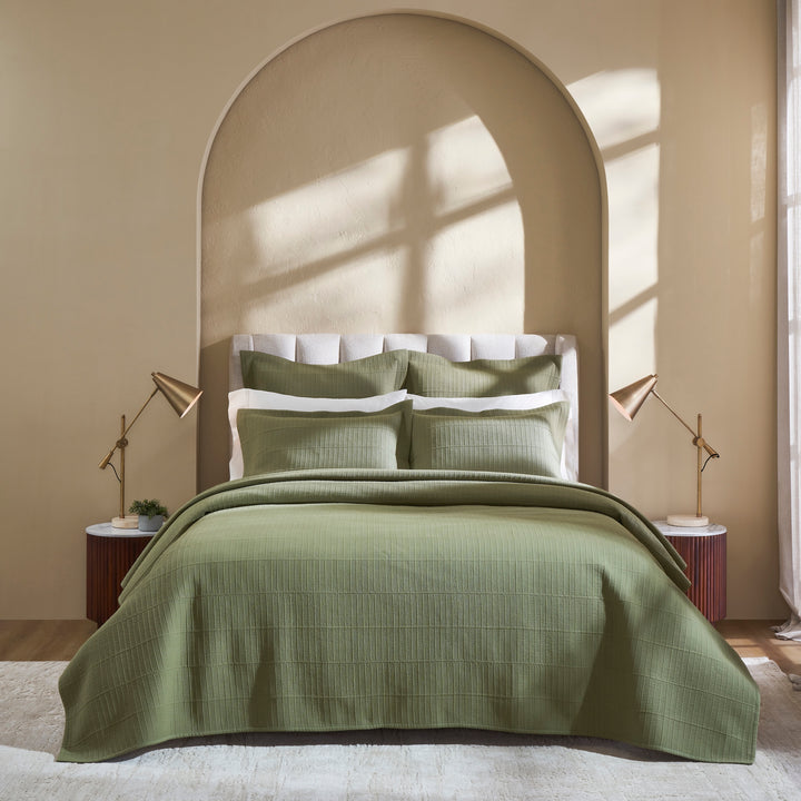 CL-270-11096_2|Front view of a quilted sage green coverlet. Modern textured design providing an elegant and serene bedroom ambiance.