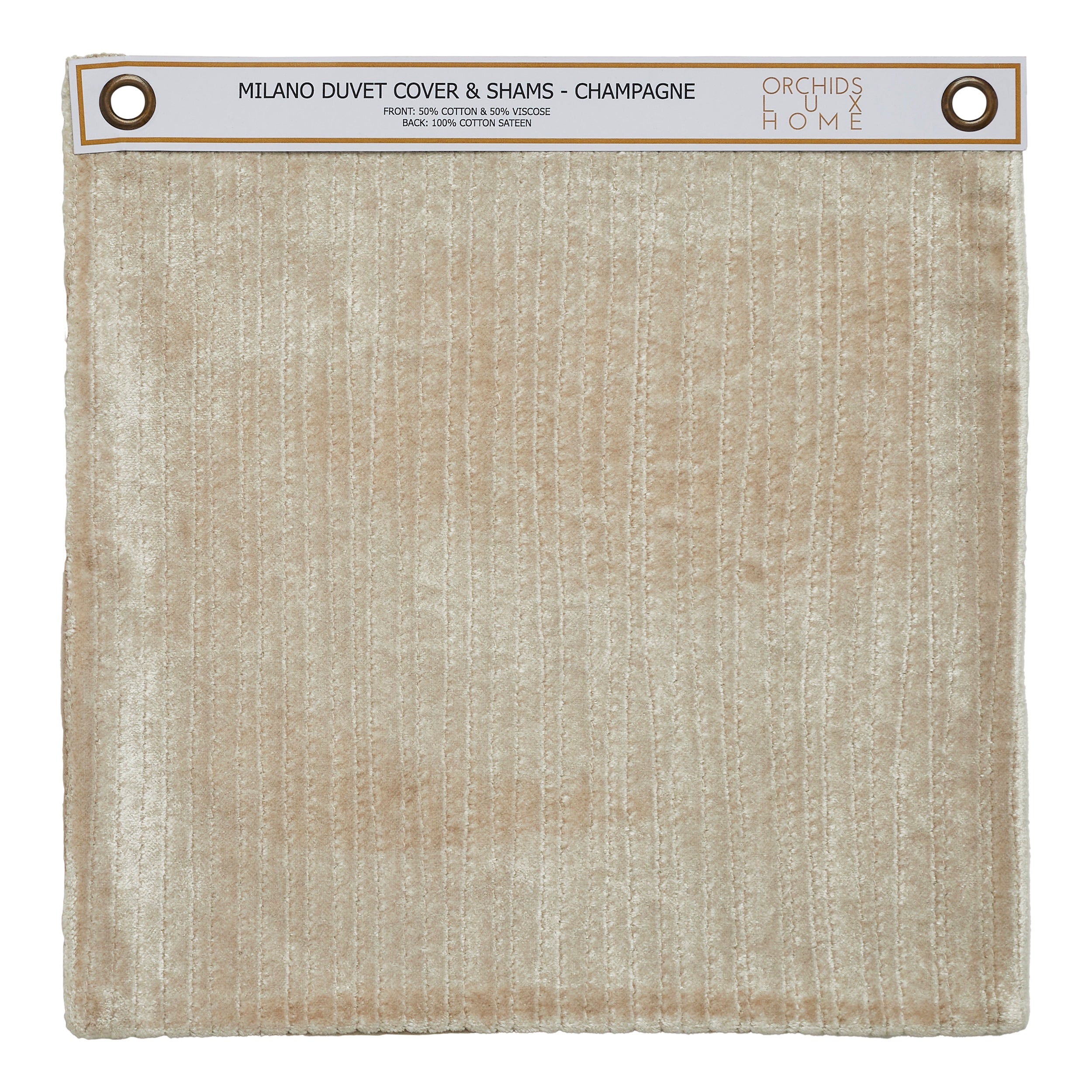 SWT-053-1010_1|Champagne Milano duvet cover and shams fabric swatch, 50% cotton/50% viscose front, 100% cotton sateen back.