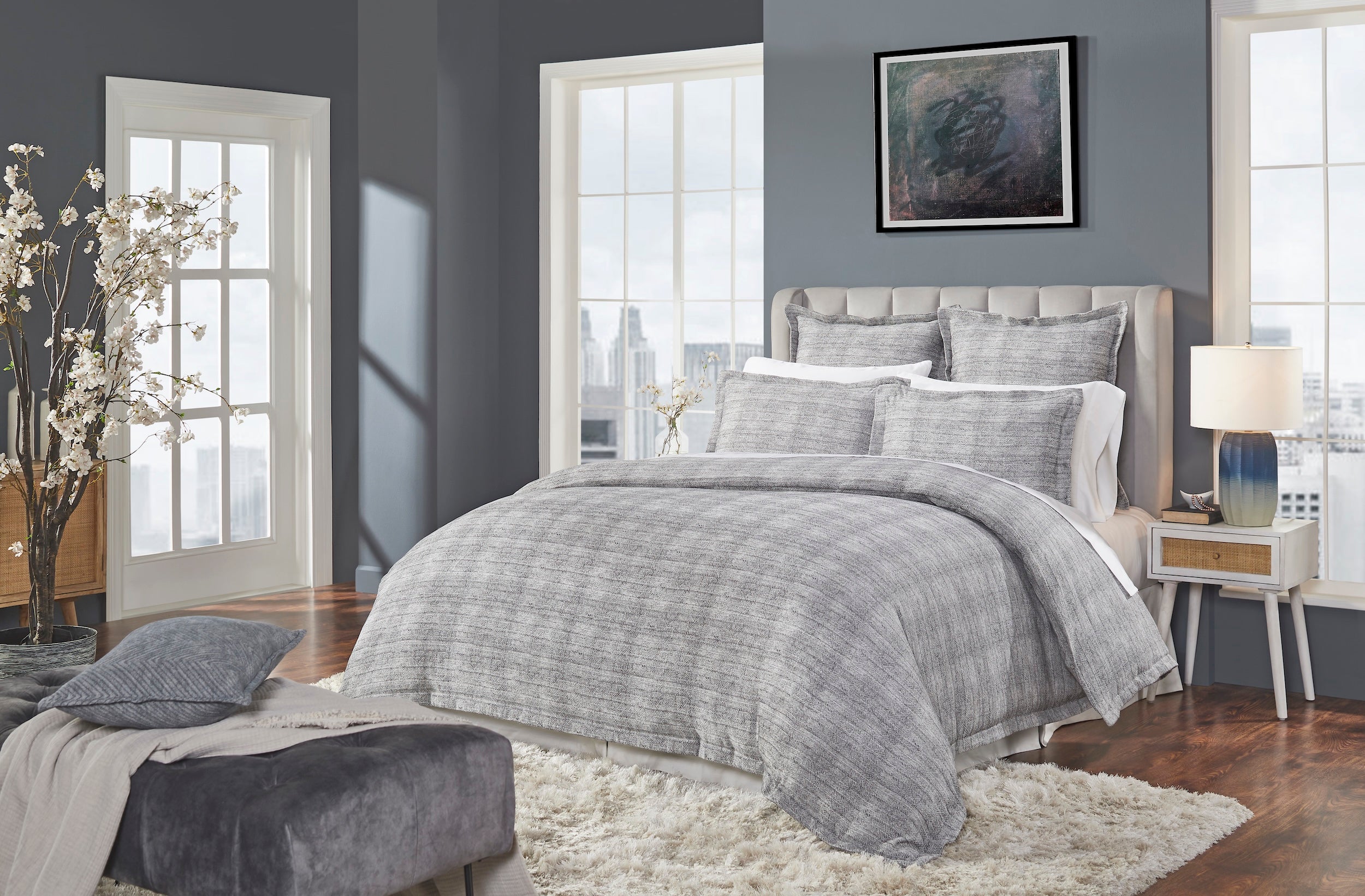 DT-034-9092_2|Inviting gray textured duvet cover set and matching shams, creating a cozy and stylish contemporary bedroom scene.