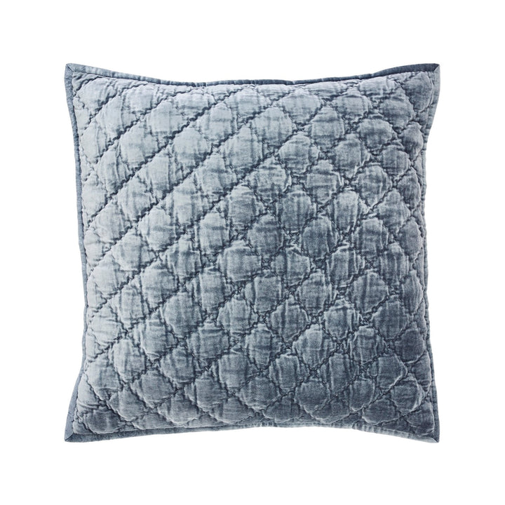 SS-343-X_1|Elegant square throw pillow in quilted dusty blue velvet, offering sophisticated texture and rich color for decor.