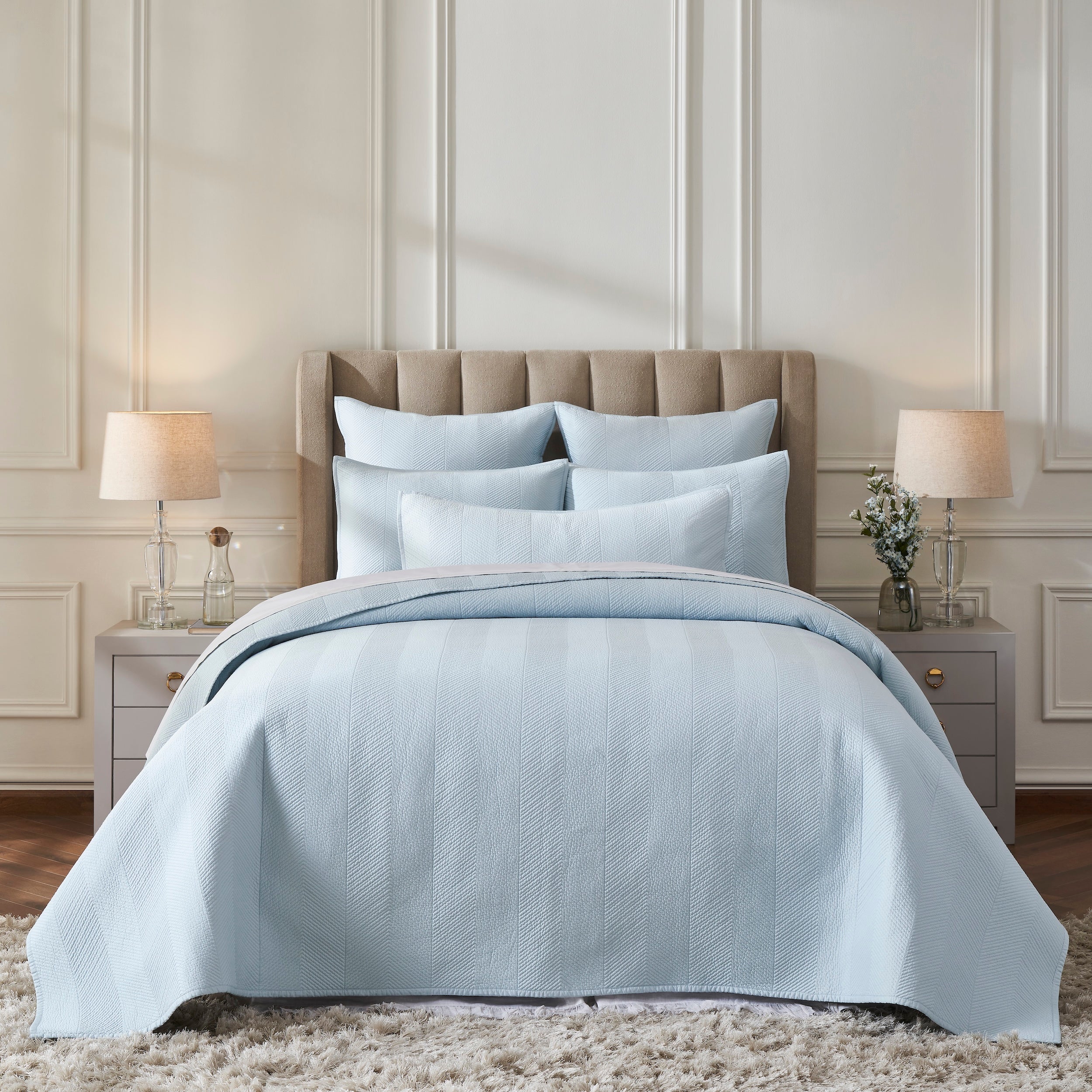 CL-262-9496_1|Elegant light blue quilted coverlet with subtle herringbone pattern on a full bed in a serene bedroom setting.