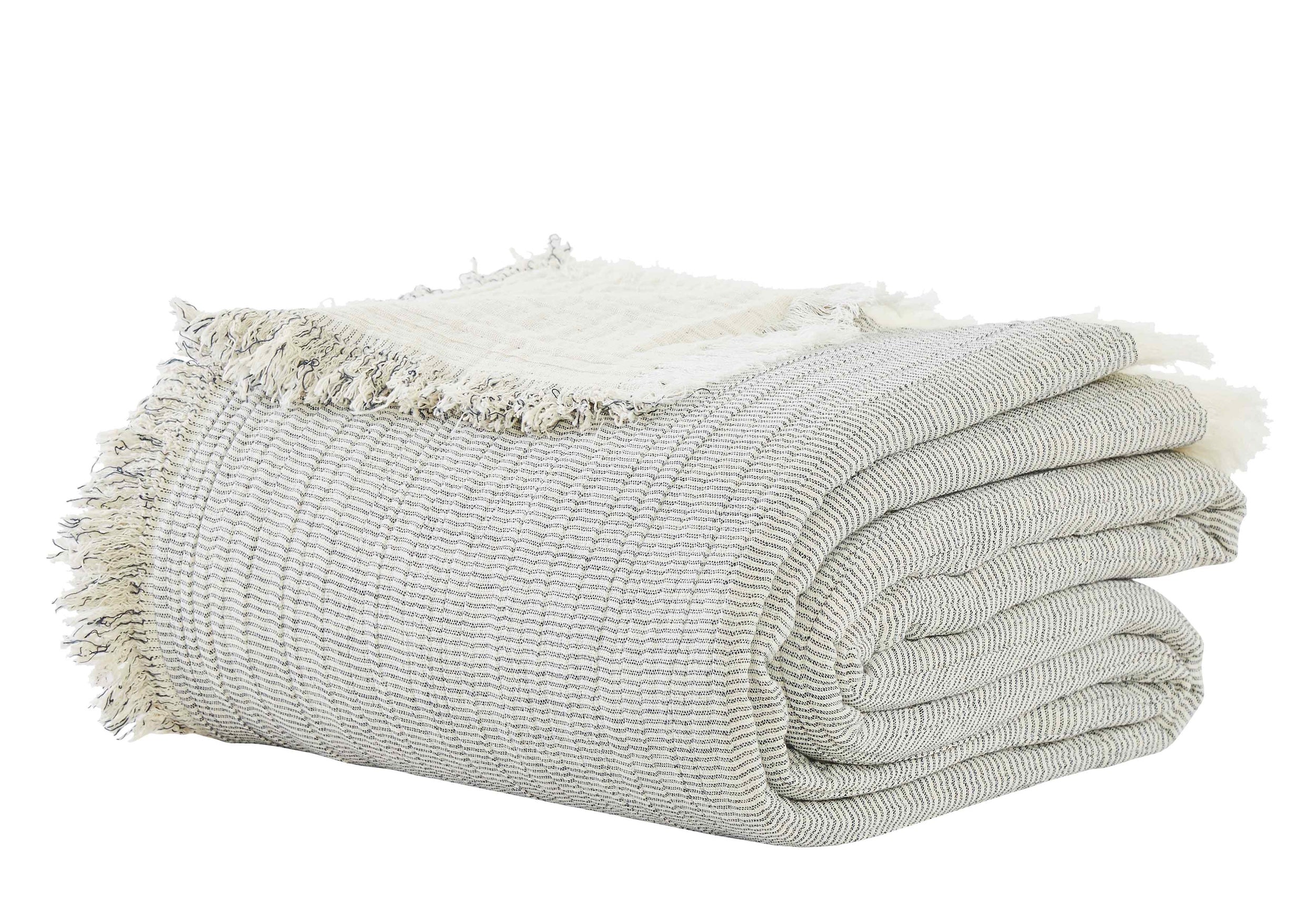 BT-113-9496_4|Cozy light grey striped blanket with fringed edges, folded neatly to reveal its comfortable, high-quality weave.