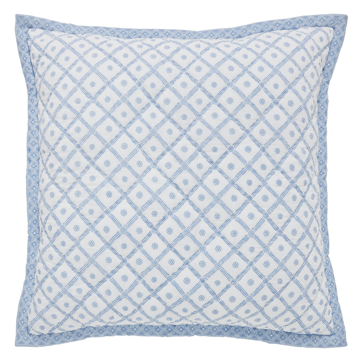 SS-345-X_2|Square quilted pillow showcasing a charming blue geometric pattern on white, bordered beautifully, perfect for a cozy quilt setting.