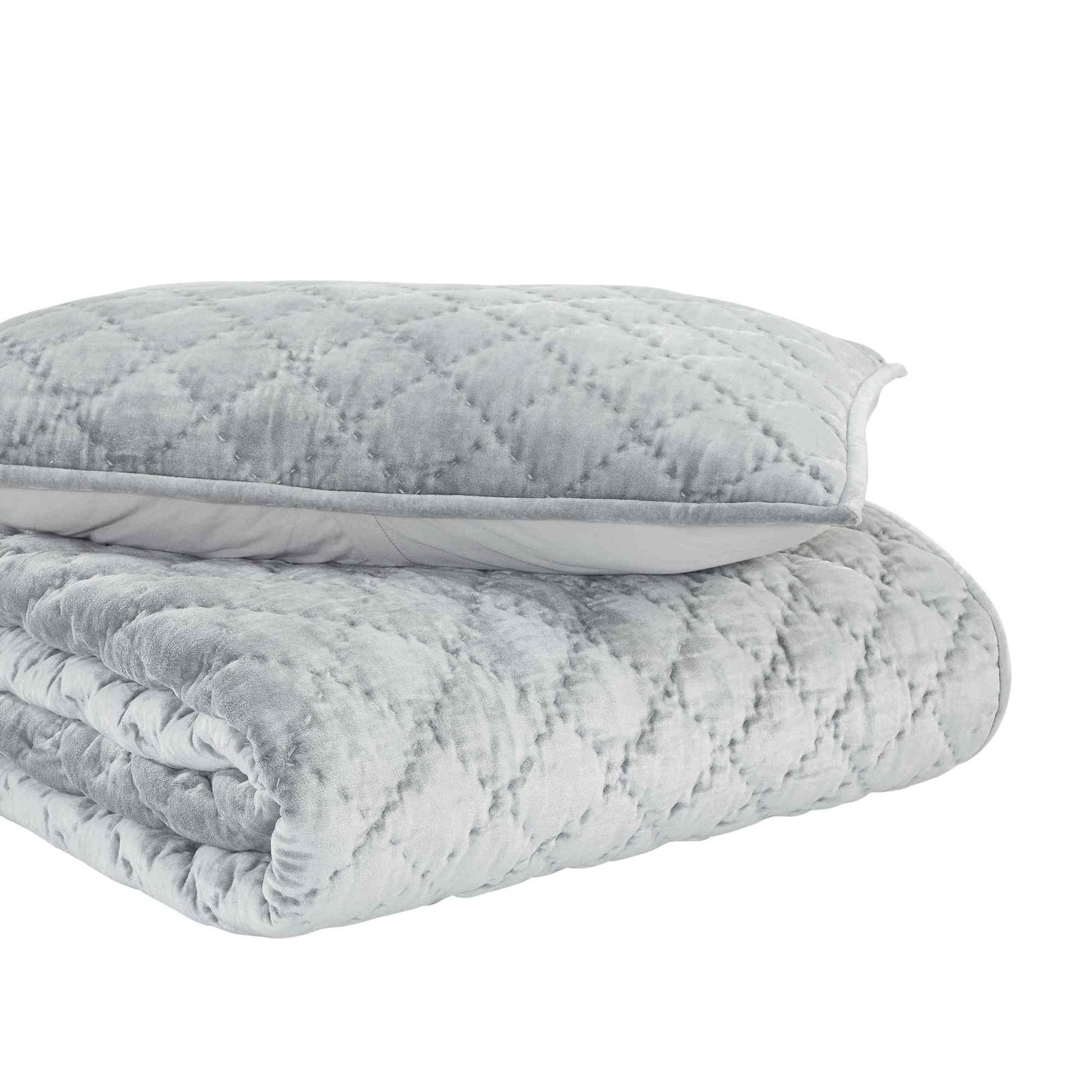 QT-356-11096_5|Light blue-grey velvet quilt with delicate diamond quilting, folded neatly with matching pillow on a white background.