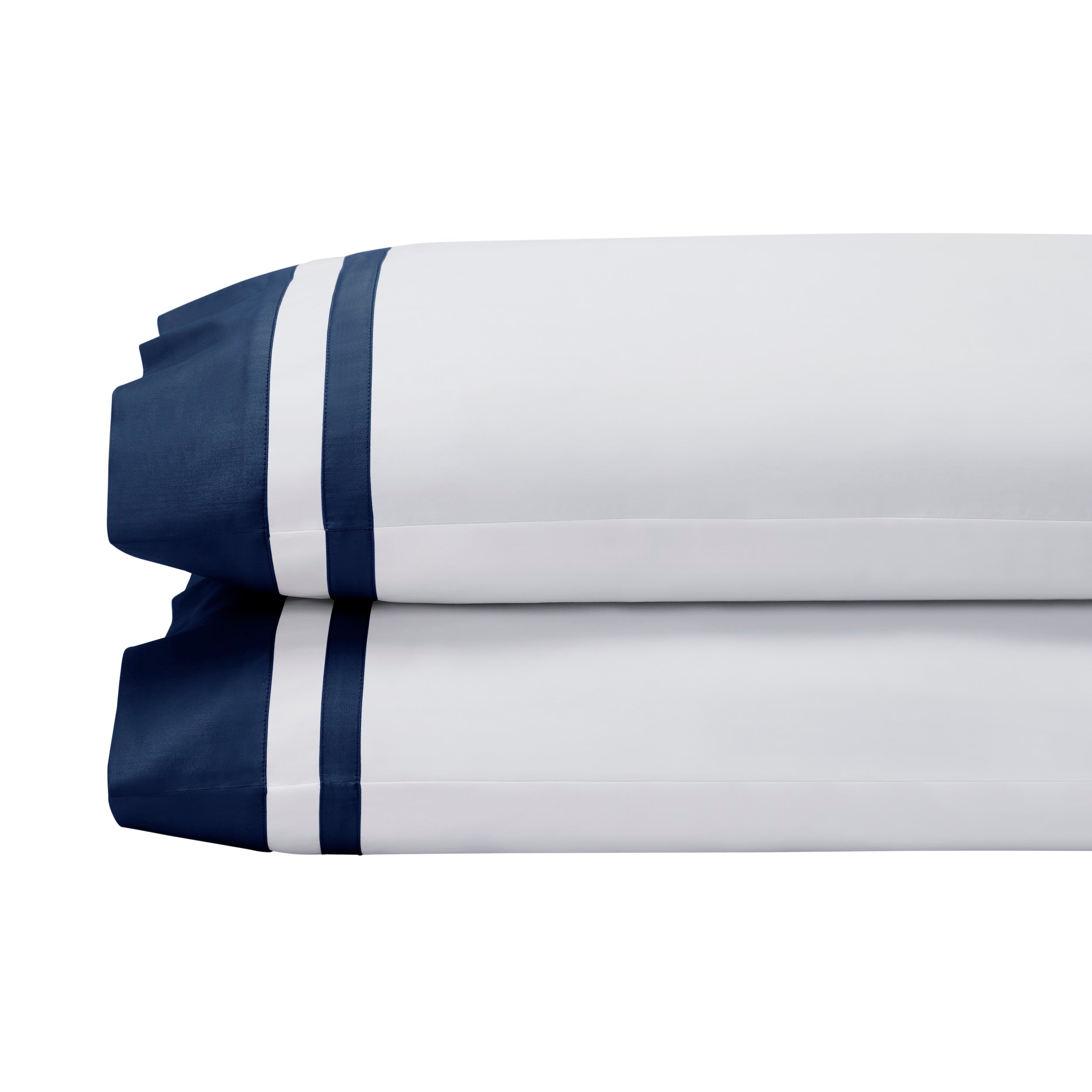 AKP-548-2040_1|Two stacked white 100% cotton pillowcases with bold navy blue double stripe borders. Smooth sateen weave visible.