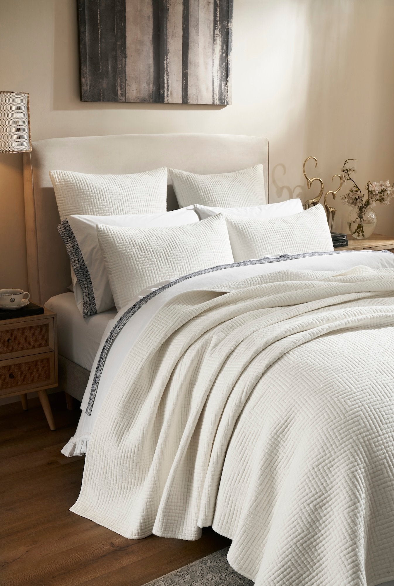 CL-199-11096_3|Close-up of a white textured coverlet with a detailed herringbone pattern on a bed. Enhances modern bedroom decor.