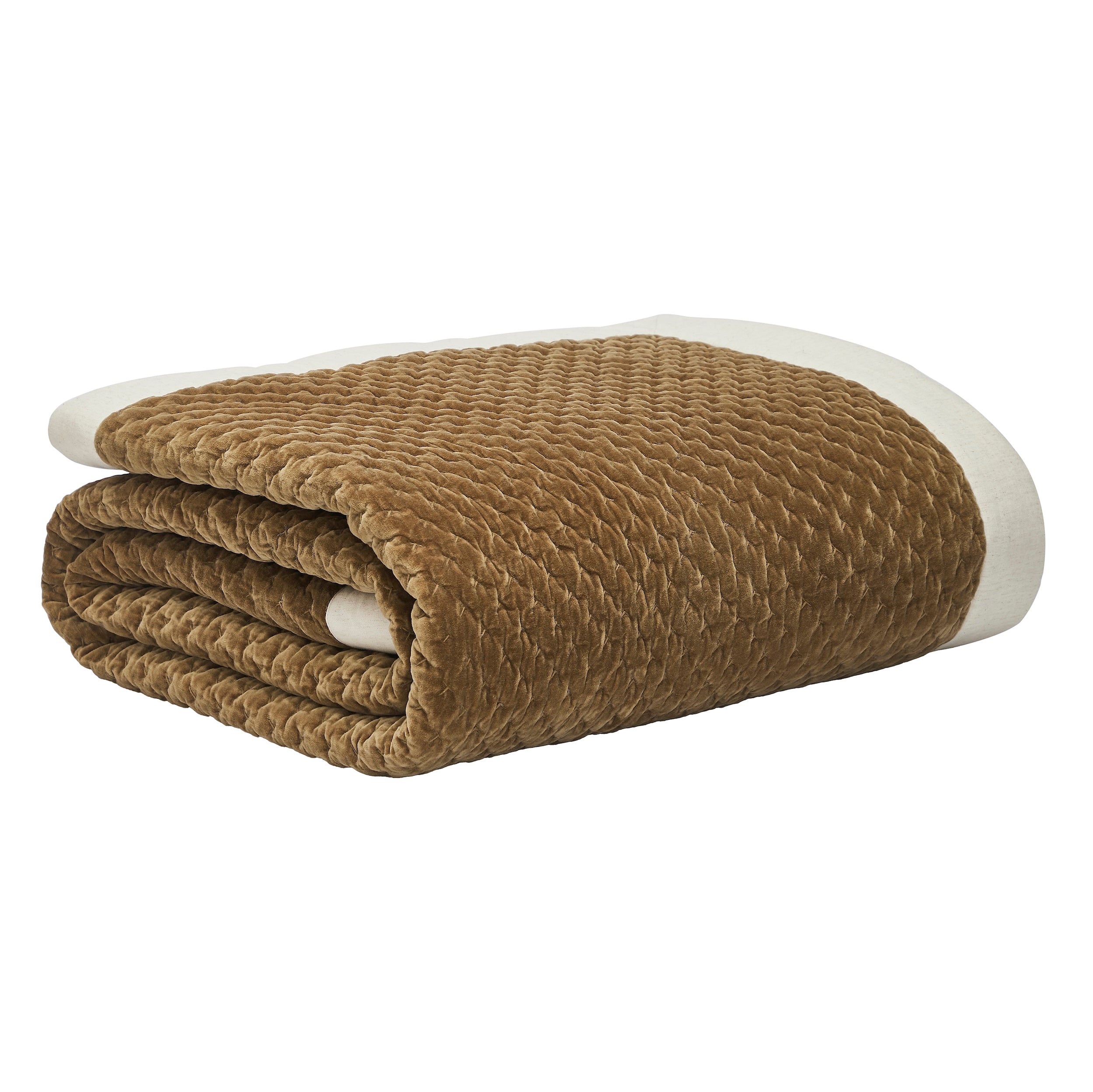 QT-378-11096_9|Neatly folded golden-brown quilted bedspread, displaying a rich textured pattern and contrasting cream border.