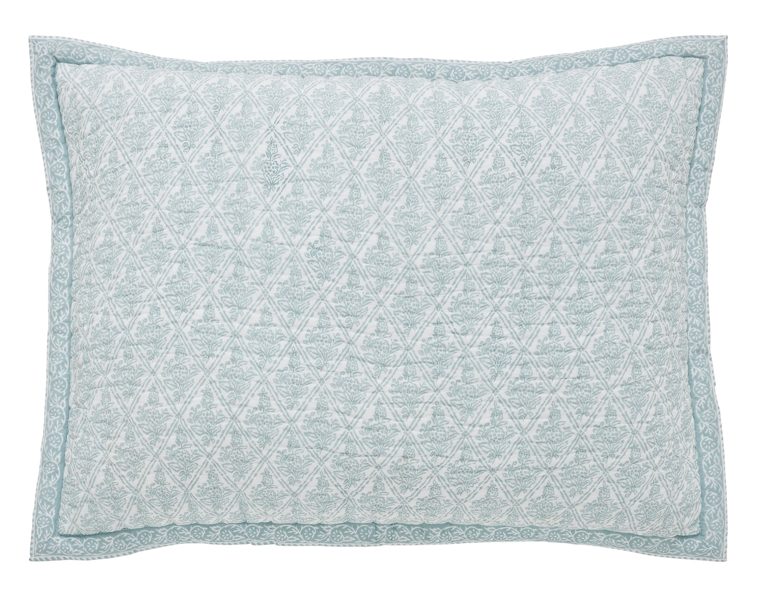 SS-347-2026_1|Quilted pillow sham with a fresh teal geometric floral pattern on white, bordered beautifully, adding serene elegance to any quilt.