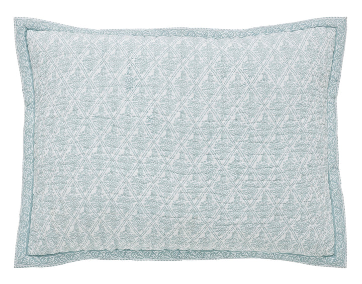 SS-347-2026_1|Quilted pillow sham with a fresh teal geometric floral pattern on white, bordered beautifully, adding serene elegance to any quilt.