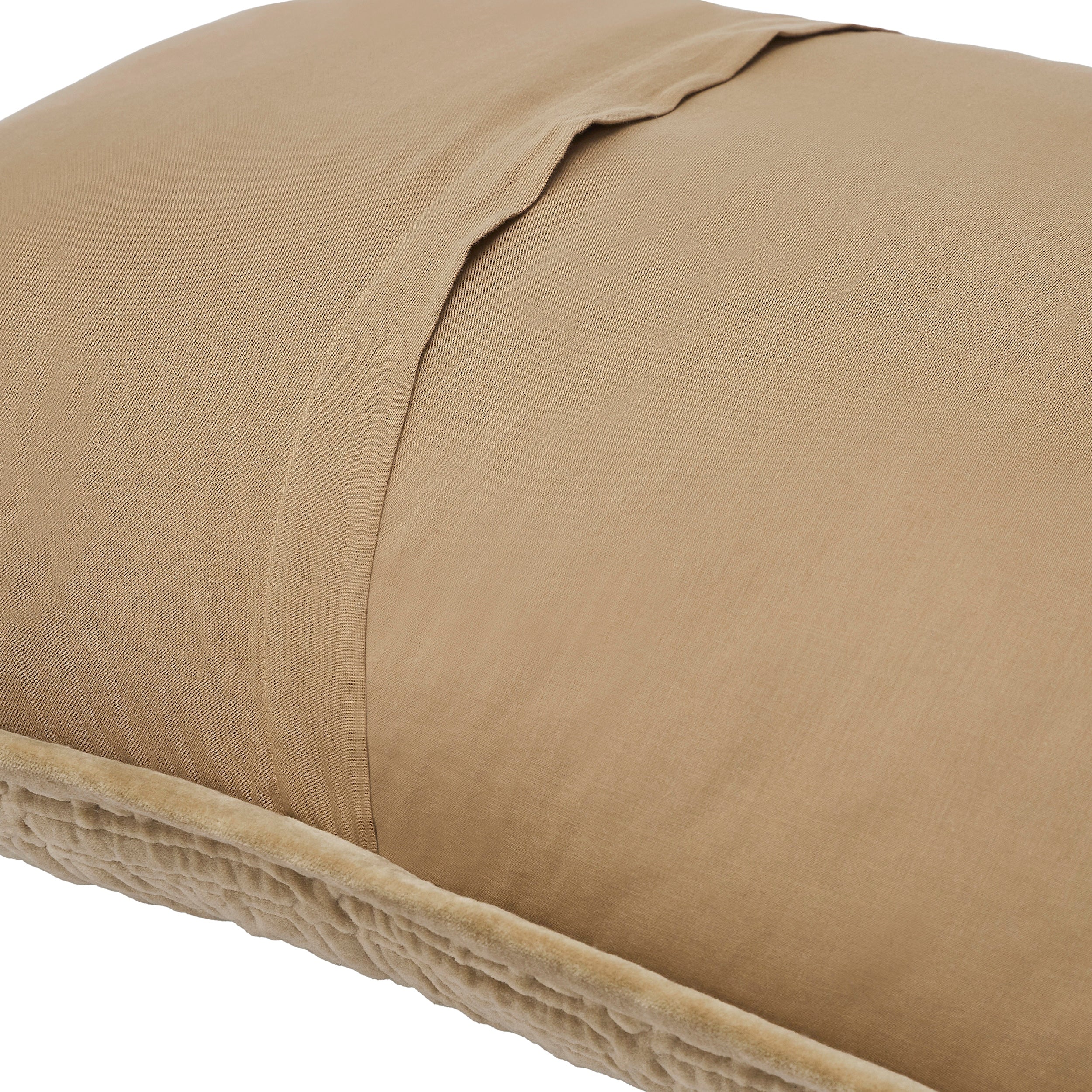 KS-377-2036_2|Close-up of luxurious tan velvet quilted pillow showing intricate geometric pattern and smooth fabric reverse.