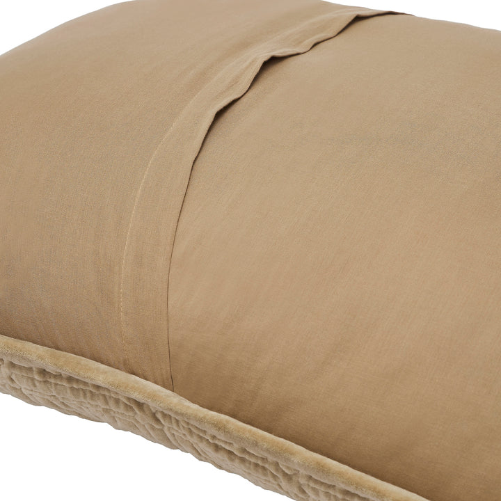 KS-377-2036_2|Close-up of luxurious tan velvet quilted pillow showing intricate geometric pattern and smooth fabric reverse.