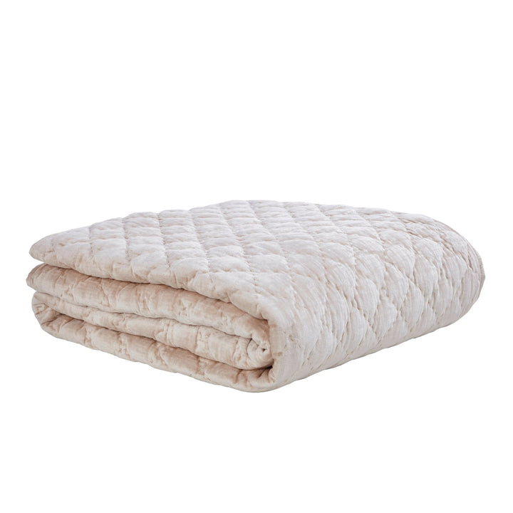 QT-342-11096_2|Plush blush pink quilt with a charming diamond texture, folded, providing cozy warmth and a chic look for bed.