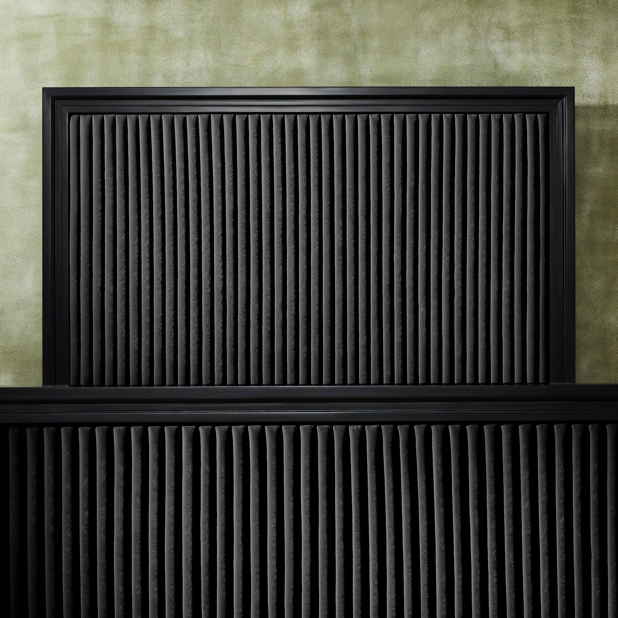 FN-5210-6080_6|Close-up of black channel tufted leather bed with black wooden frame, showcasing luxurious bedroom furniture design.