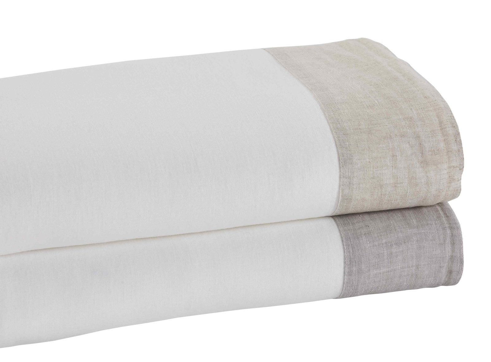 QSS-517-X_2|Neatly folded white sheet set featuring a chic natural linen band, showcasing quality bedding and sophisticated design.