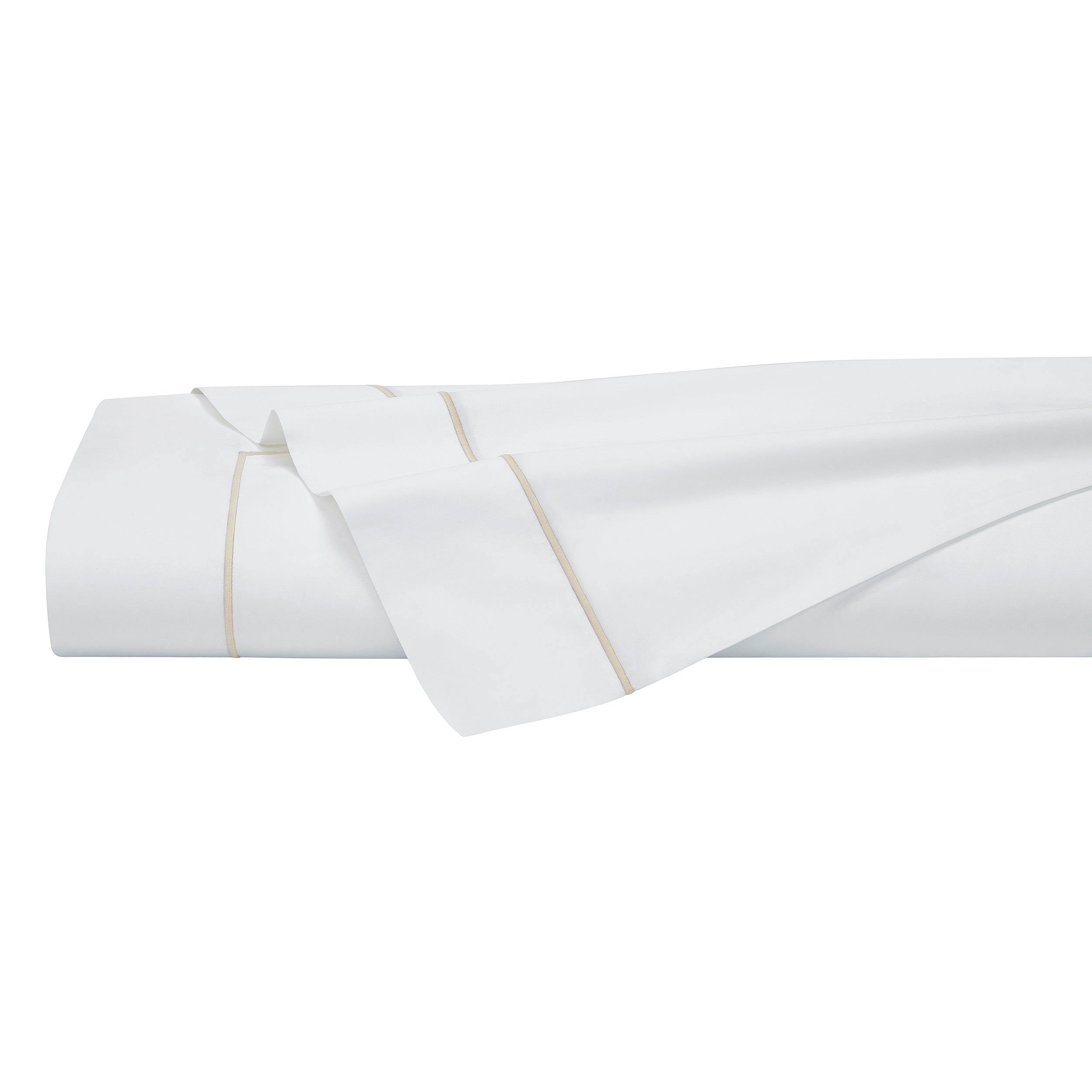 QFL-531-6080_5|Neatly folded 100% cotton sateen sheet in crisp white, accented with an elegant beige stripe for premium comfort bedding.