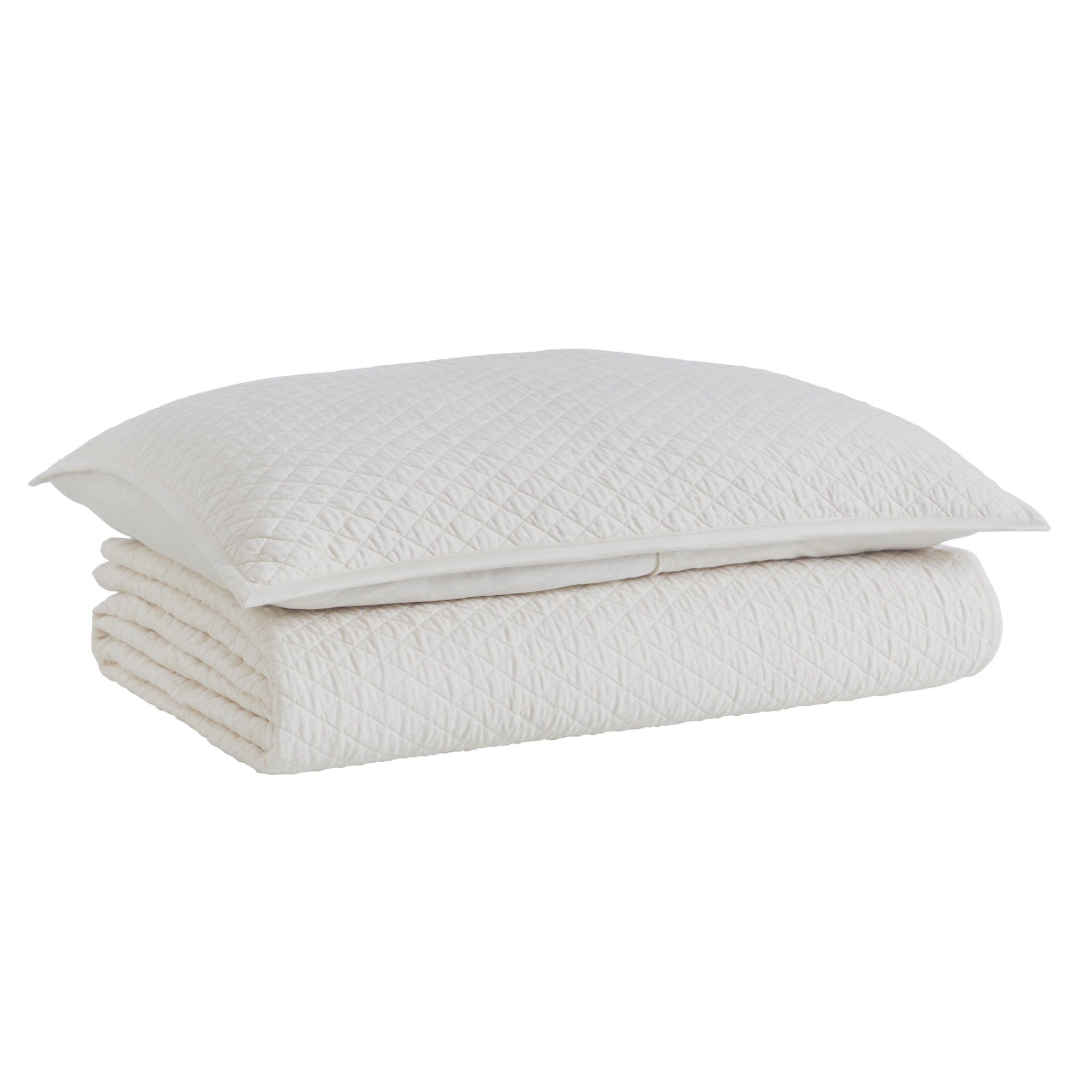 CL-265-11096_6|Elegant cream quilted coverlet folded with a matching diamond-stitched pillow. Ideal for a cohesive, comfortable bedding set.