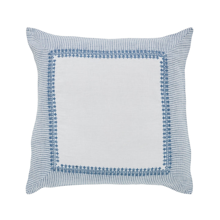 ES-030-X_1|Decorative square throw pillow with a white center and a blue striped, embroidered border design. Home accent.