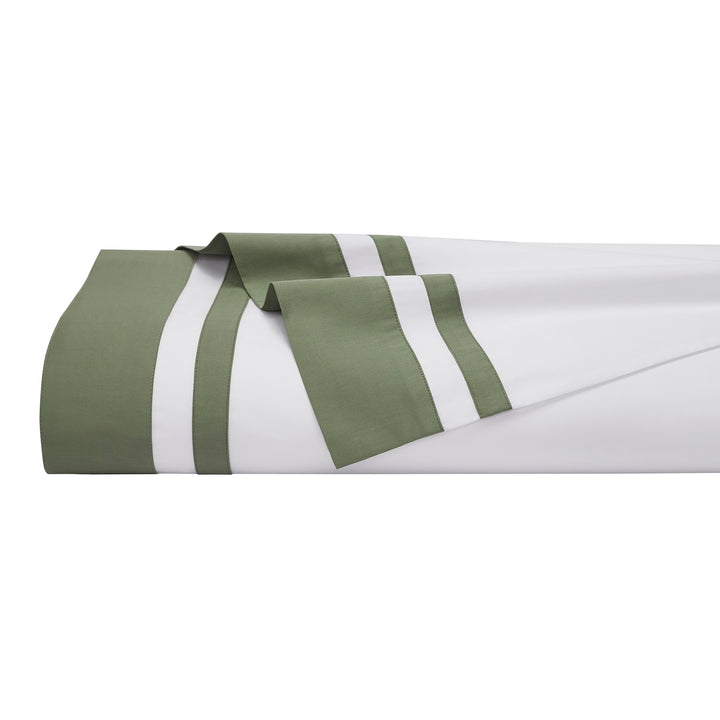 KFL-542-7880_5|Folded white 100% cotton sheets with distinct green border and white stripes, showcasing premium quality fabric.