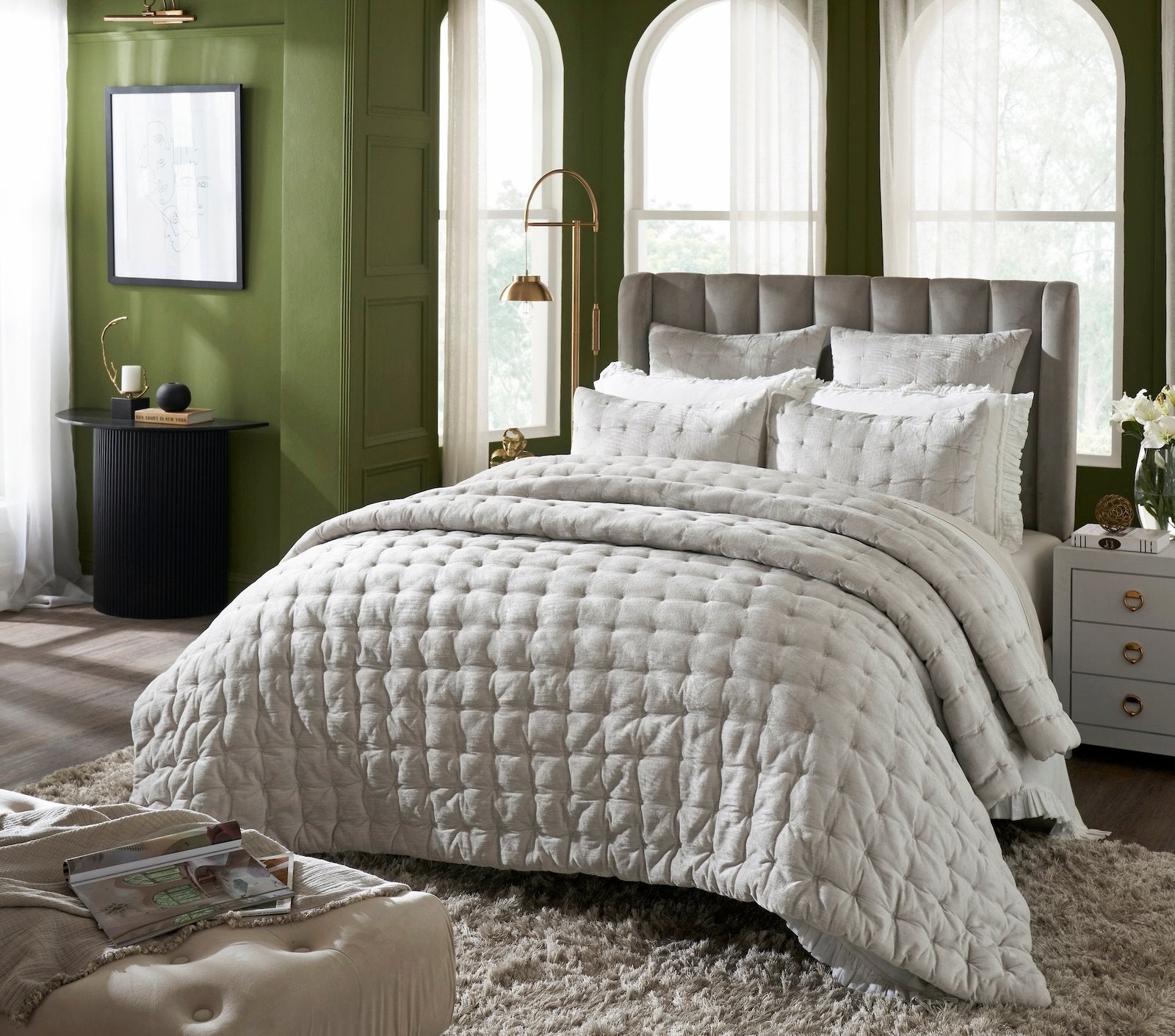 ES-306-X_1|Luxurious grey quilted bed ensemble with matching pillows, textured comforter for modern bedroom decor, plush comfort.