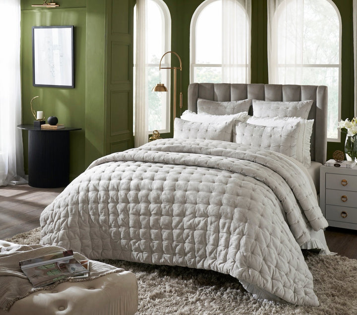 ES-306-X_1|Luxurious grey quilted bed ensemble with matching pillows, textured comforter for modern bedroom decor, plush comfort.