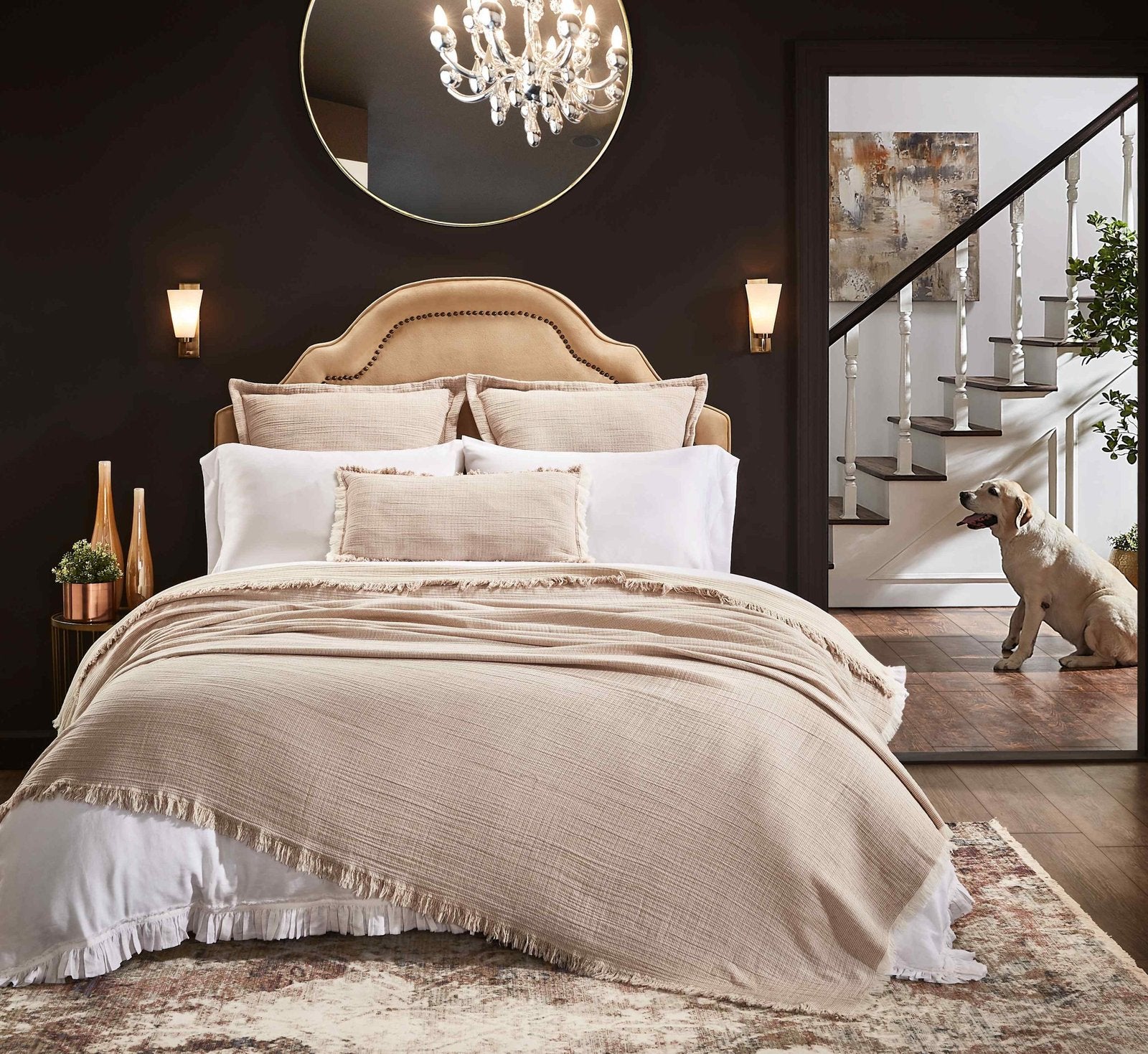 BT-112-9496_5|Elegant beige fringed gauze throw blanket beautifully draped over a bed, enhancing the rustic chic bedroom aesthetic.