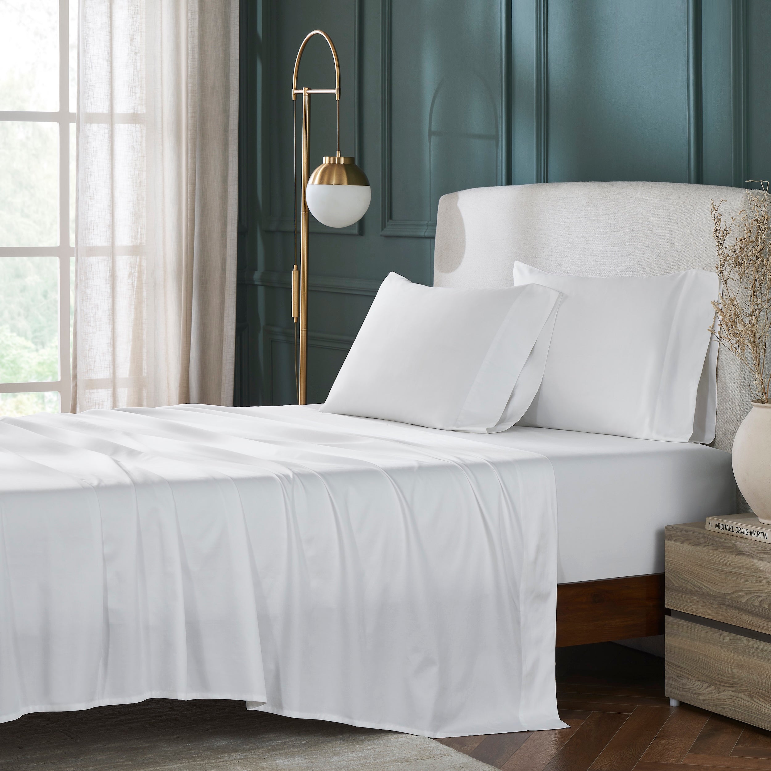 KSS-535-7880_1|Crisp white 100% cotton sheets elegantly draped on a bed, providing luxurious comfort and hotel-quality pure cotton bedding.
