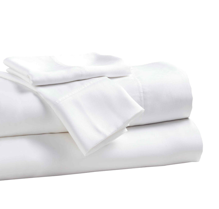 QFL-509-6080_4|Stack of neatly folded white 100% Lyocell sheets, showcasing the soft, smooth, and eco-friendly bedding fabric.
