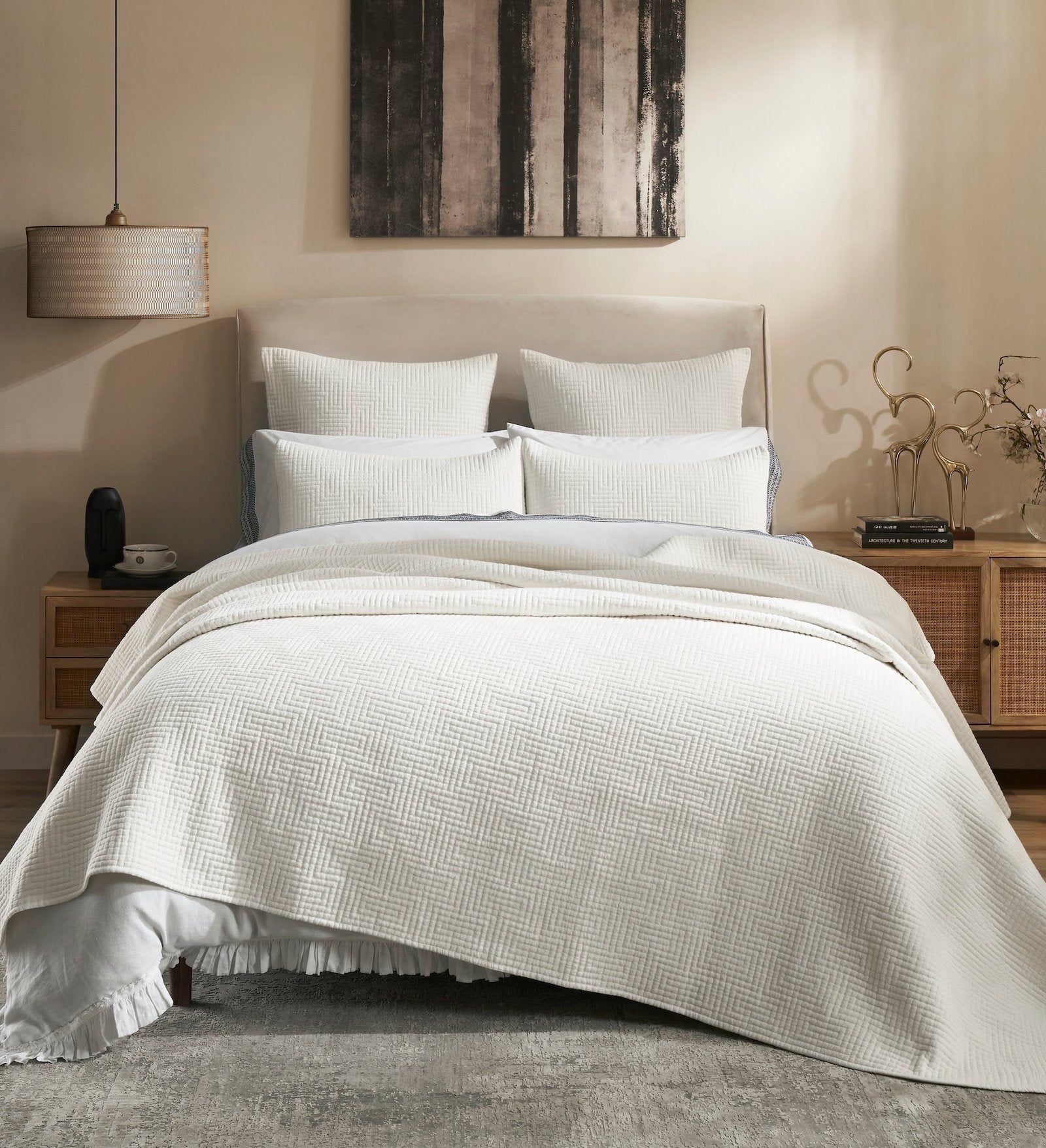 SS-199-X_1|Stylish white textured quilt and pillow set with a delicate herringbone pattern. Creates a serene and inviting contemporary bedroom.