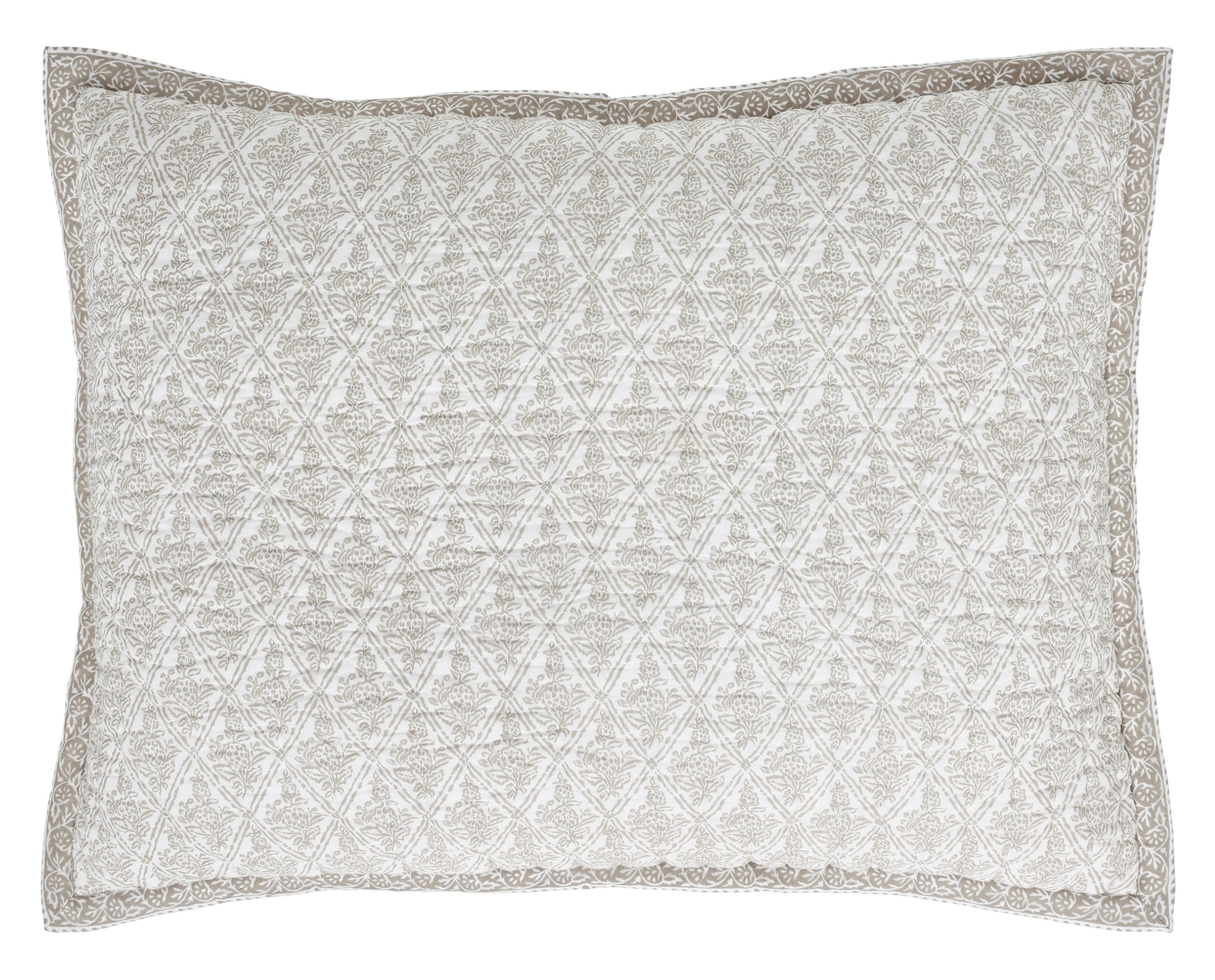 SS-348-2026_1|Quilted pillow sham with a subtle beige geometric floral pattern on white, bordered beautifully, adding classic charm to any quilt.