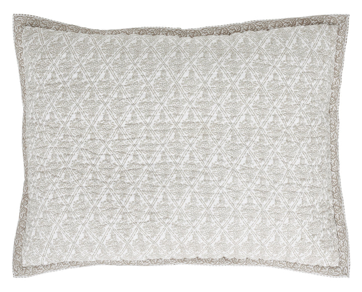 SS-348-2026_1|Quilted pillow sham with a subtle beige geometric floral pattern on white, bordered beautifully, adding classic charm to any quilt.