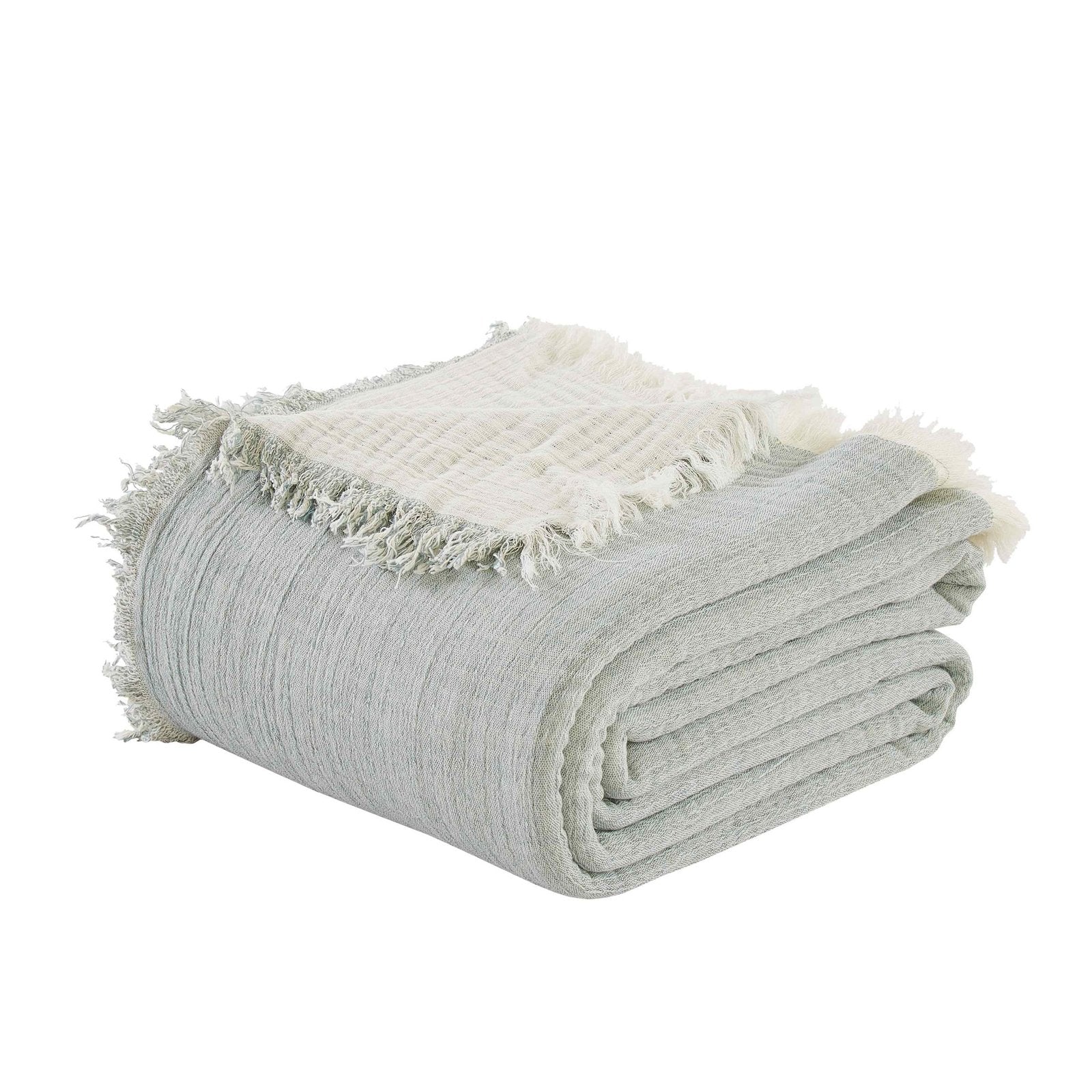BT-109-9496_2|Folded light blue crinkled blanket with frayed edges, revealing its soft texture and reversible design for relaxed home comfort.