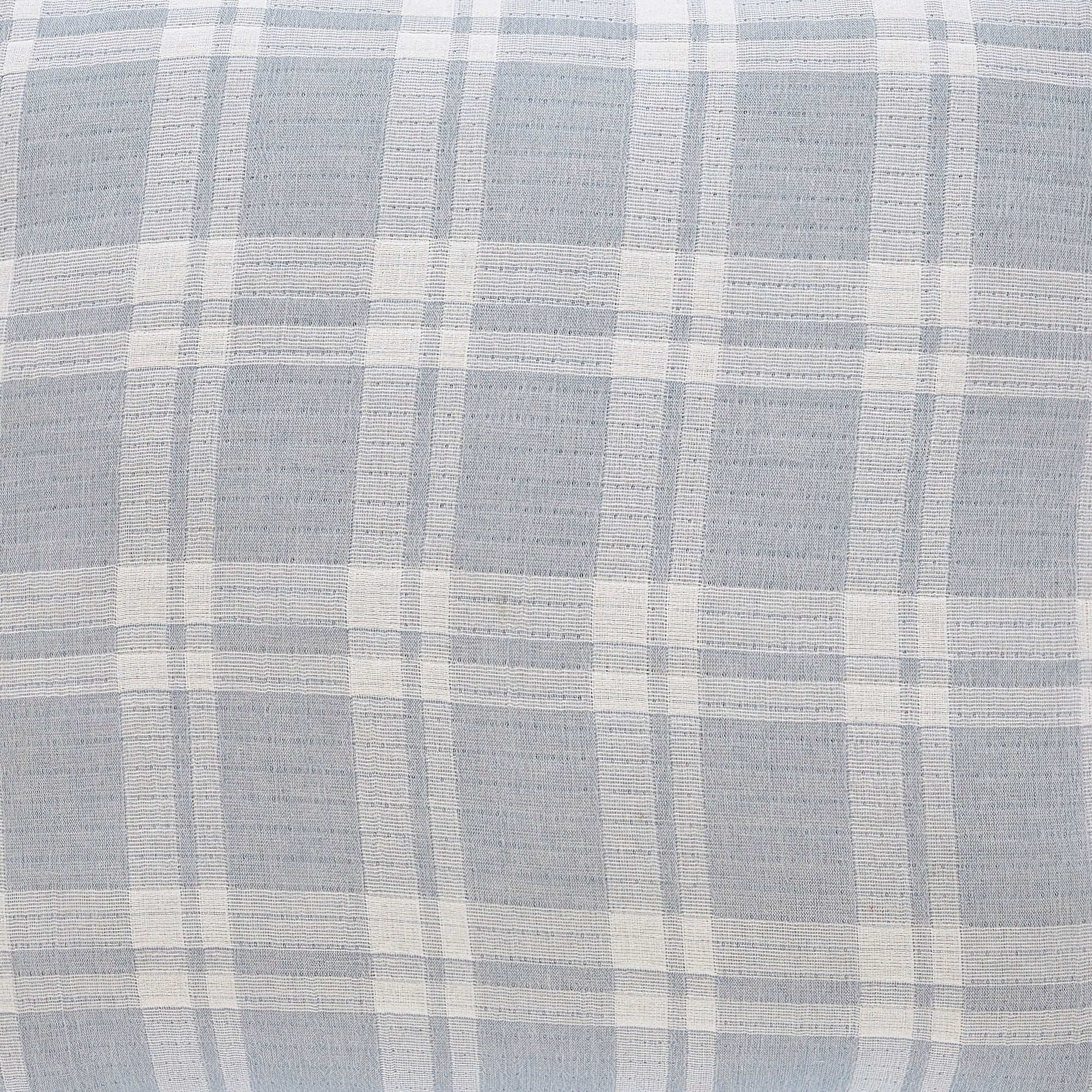 BT-117-11096_6|Detailed close-up of a light blue and white plaid checkered cotton fabric blanket, highlighting its texture and pattern.
