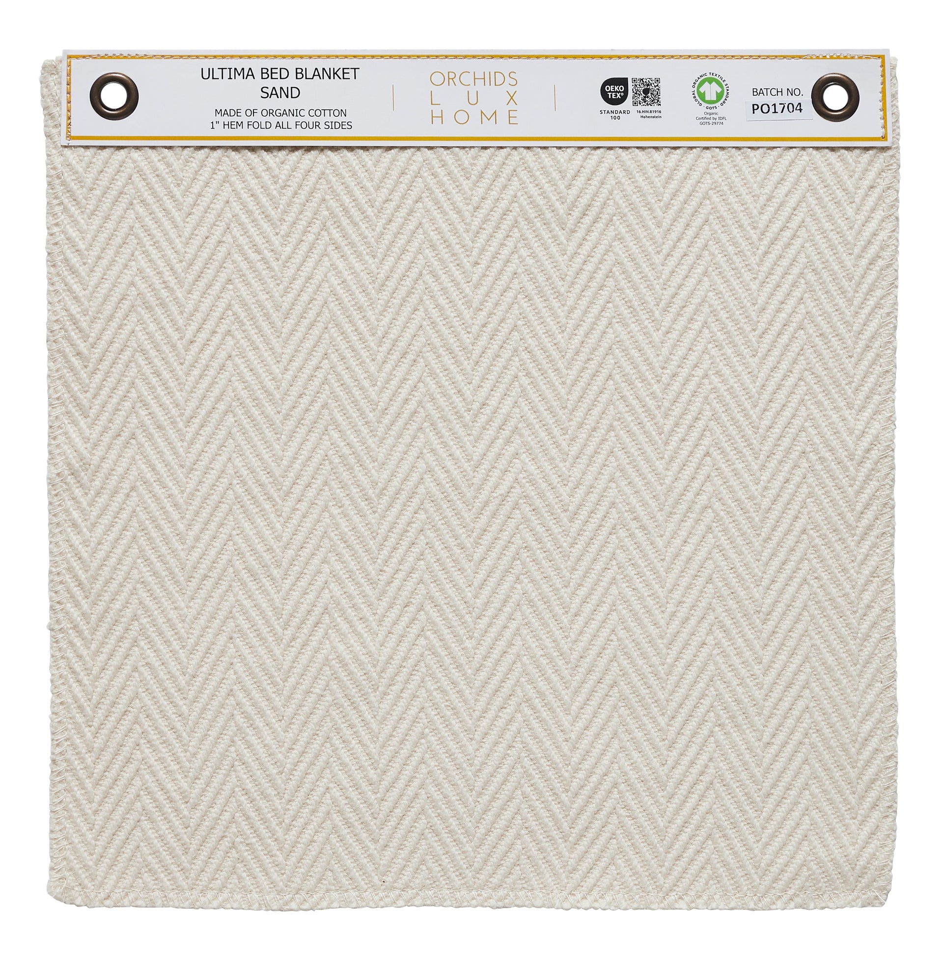 SWT-865-X_1|Organic cotton Ultima bed blanket swatch in sand, featuring elegant herringbone texture, perfect for serene bedroom.