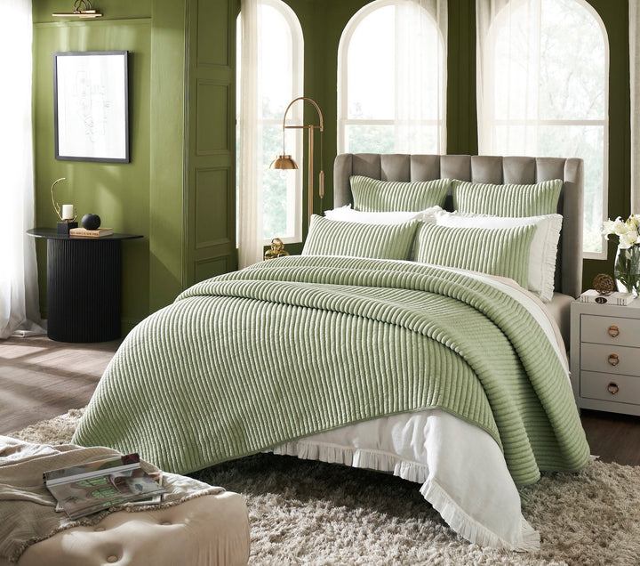 QT-370-9496_2|Sage green velvet channel quilted quilt and shams, soft luxurious texture, modern comfortable bedroom bedding.