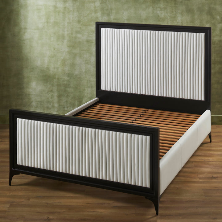 FN-5209-7680_4|Stunning white leather bed with black frame and vertical channel headboard and footboard, showcasing sturdy wooden slat support.