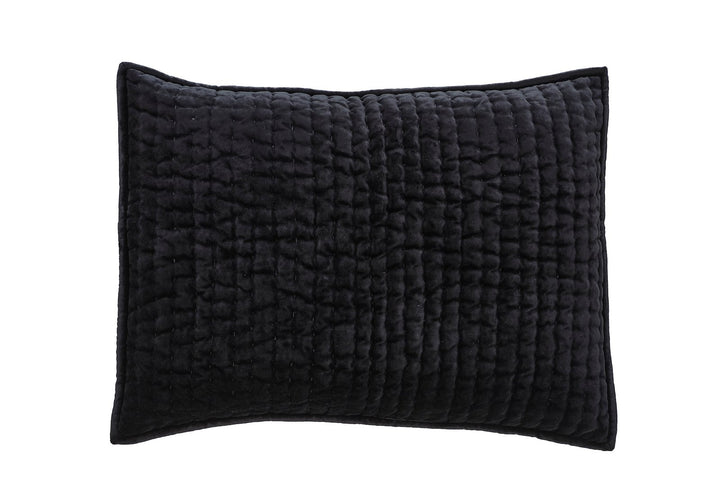 SS-361-2026_1|Luxurious black velvet quilt with intricate vertical channel quilting pattern. Perfect modern bedding for a cozy bedroom.