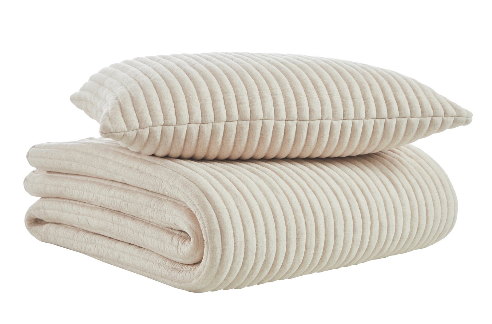 QT-368-11096_6|Folded beige ribbed quilted quilt and matching pillow, showcasing the uniform, cozy texture and striped design.